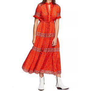 Free People Rare Feeling Printed Maxi Dress Size M Red Tiered Boho Lined